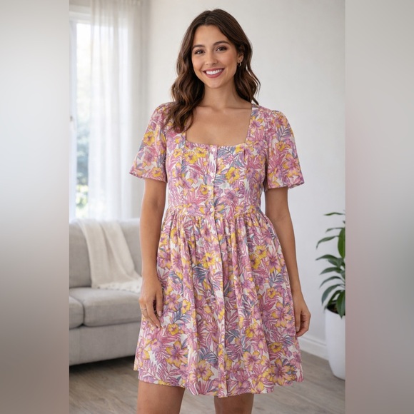 Draper James Dresses & Skirts - draper james Square Neck Button Boho Linen Floral Pink Womens Mini Dress Size 12